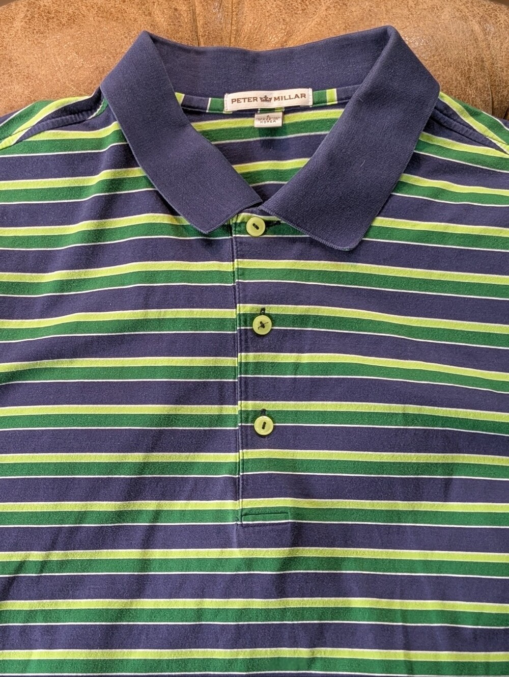 Peter Millar Men's Vintage 100% Cotton Striped Polo Size Large Korea Navy Green